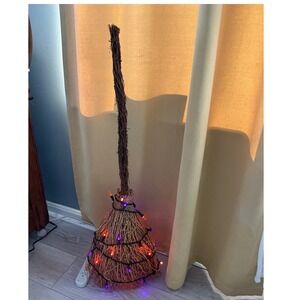 Lighted Broom Halloween Decor 38" Flashing Lights Witch Broom Fall Porch Prop
